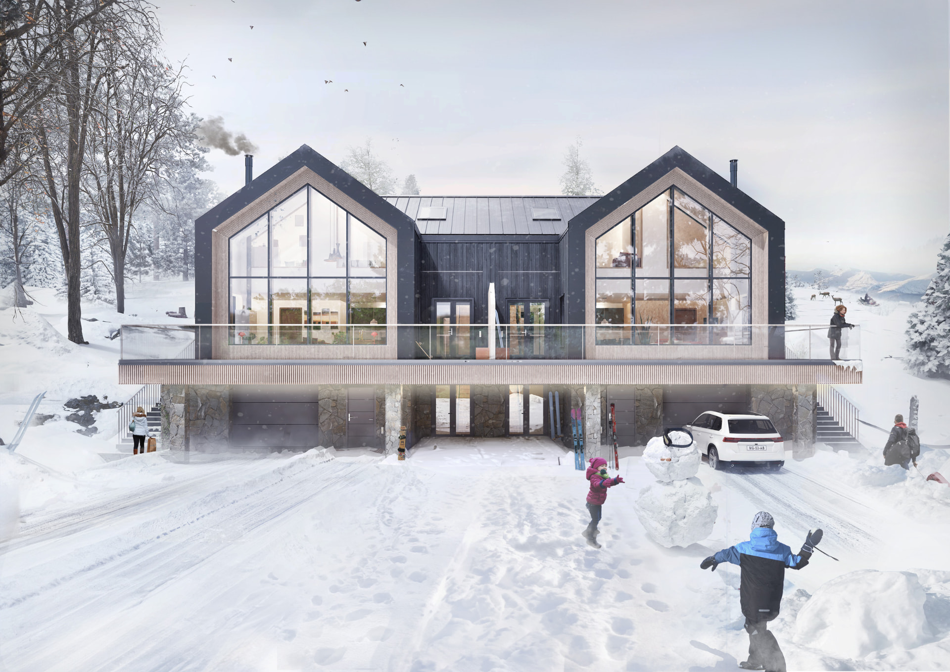 Architectural visualisation of Fjäll Residences — winter arrival