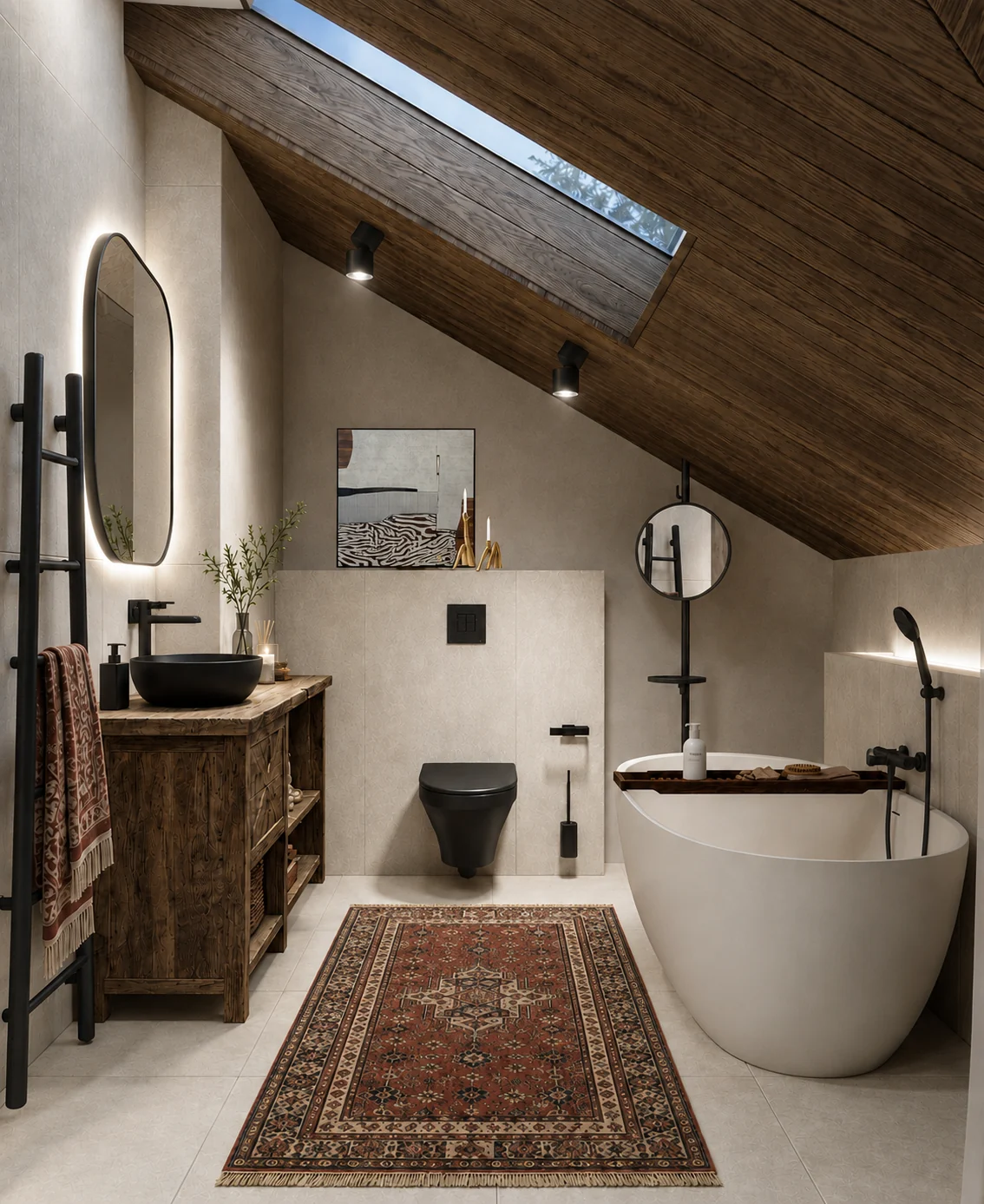Illustrative rendering of the dark timber bathroom at Fjäll Residences