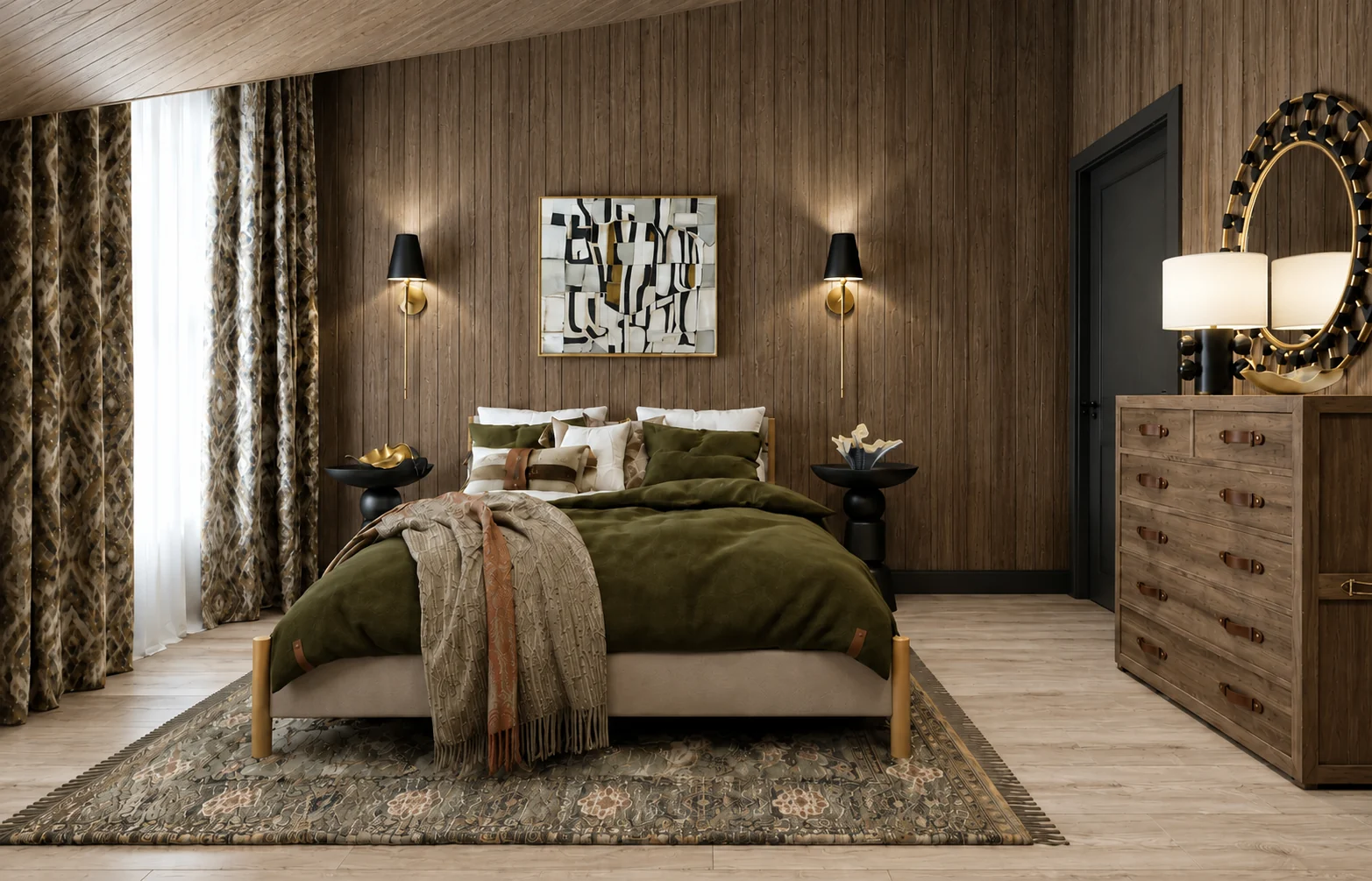 Illustrative rendering of the dark timber bedroom at Fjäll Residences