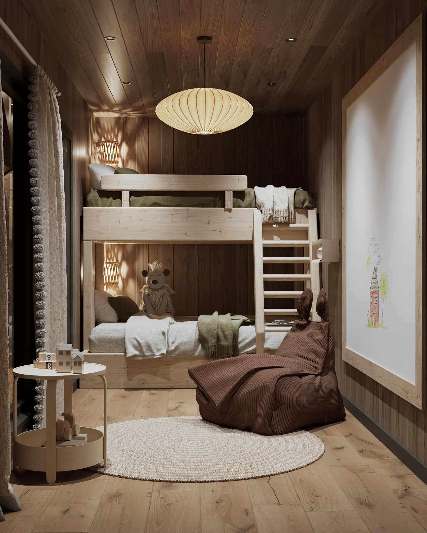 Illustrative rendering of the dark timber bunk room at Fjäll Residences