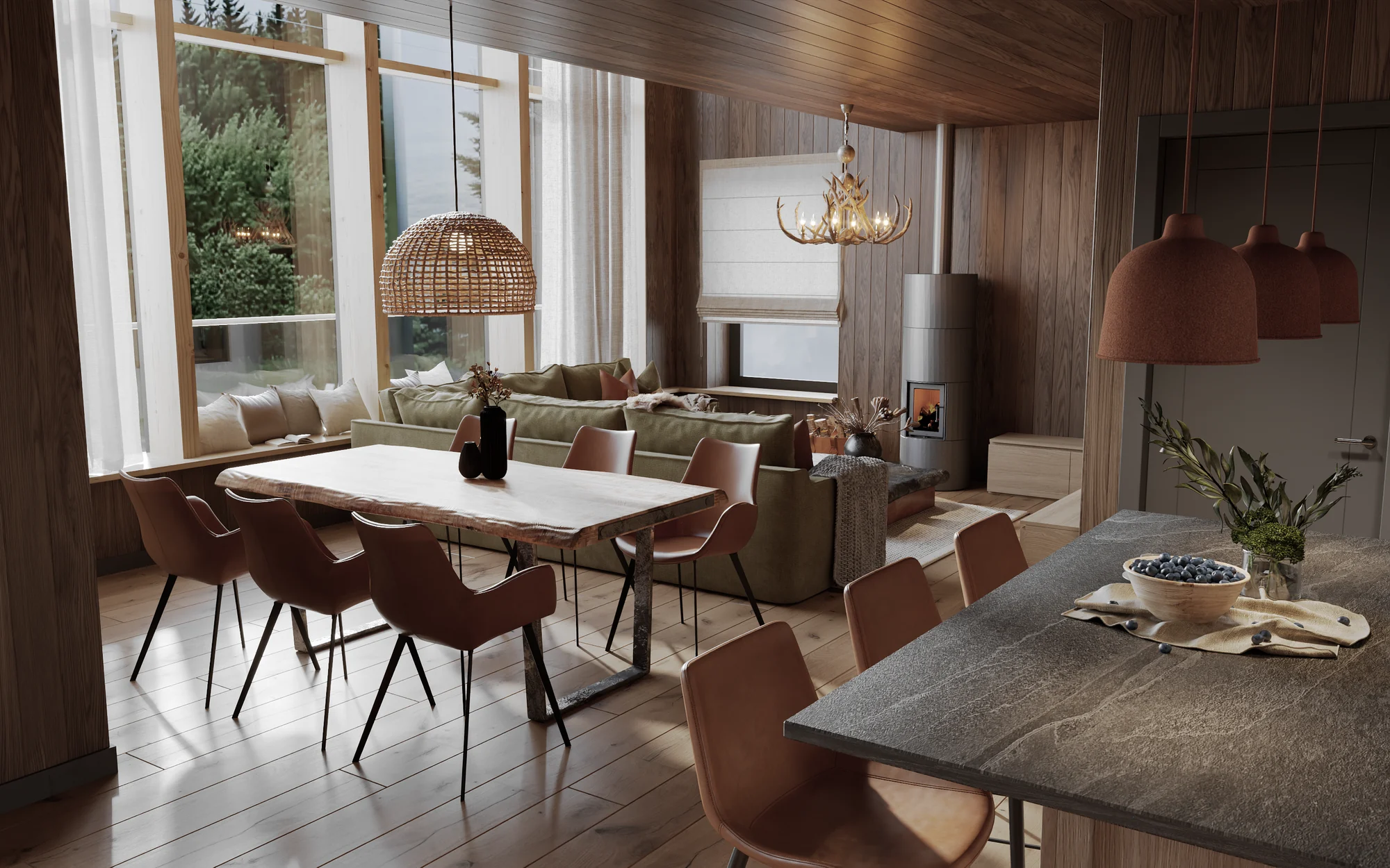Illustrative rendering of the dark timber dining at Fjäll Residences
