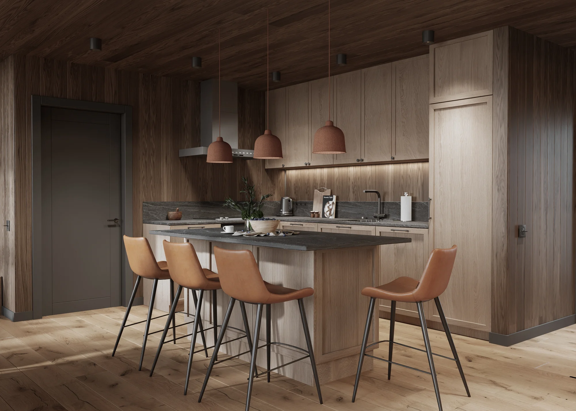 Illustrative rendering of the dark timber kitchen at Fjäll Residences