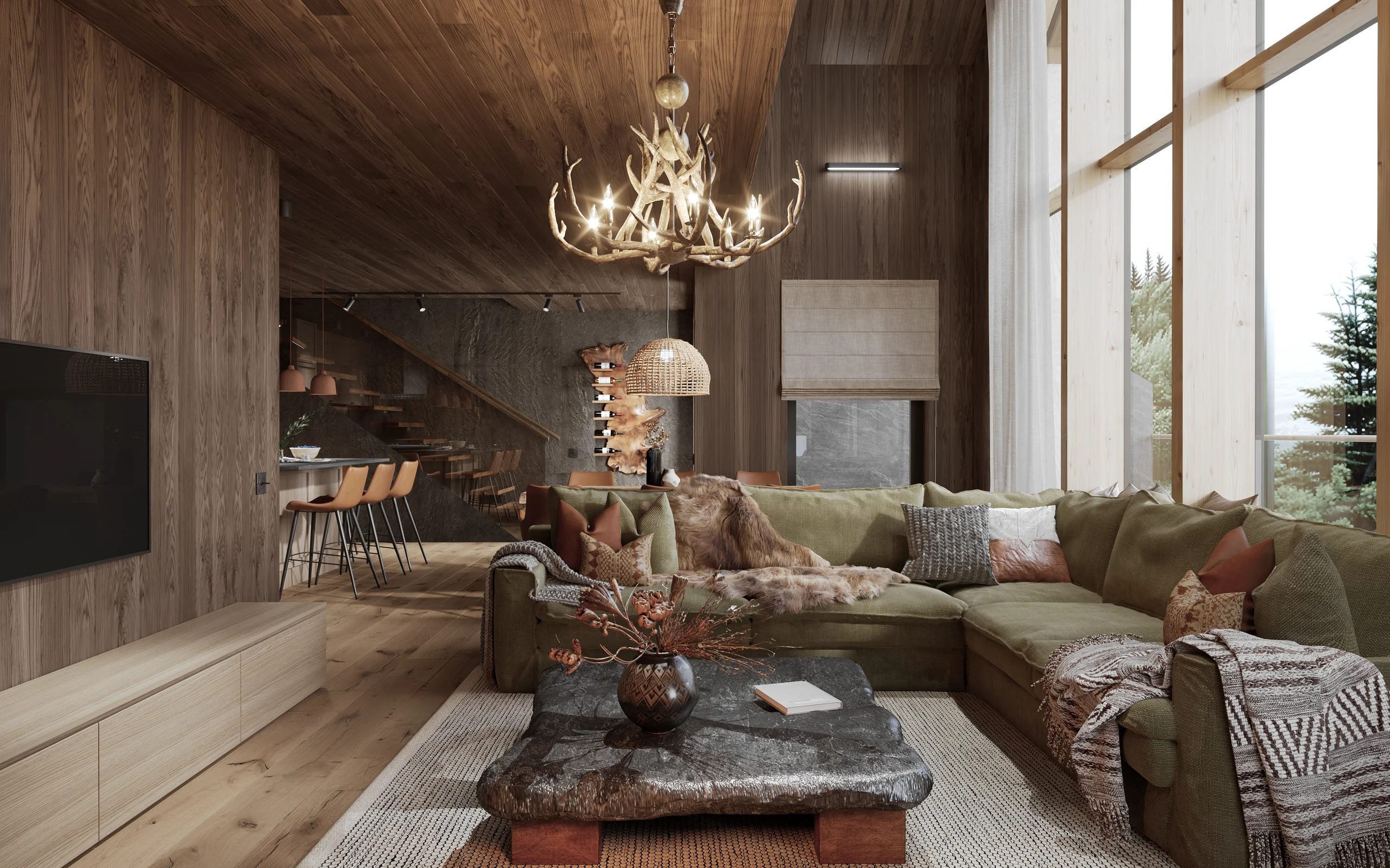 Illustrative rendering of the dark timber living at Fjäll Residences